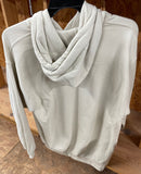 Back view of khaki Real Tree Buck hoodie showing hood, banded waist and long sleeves.