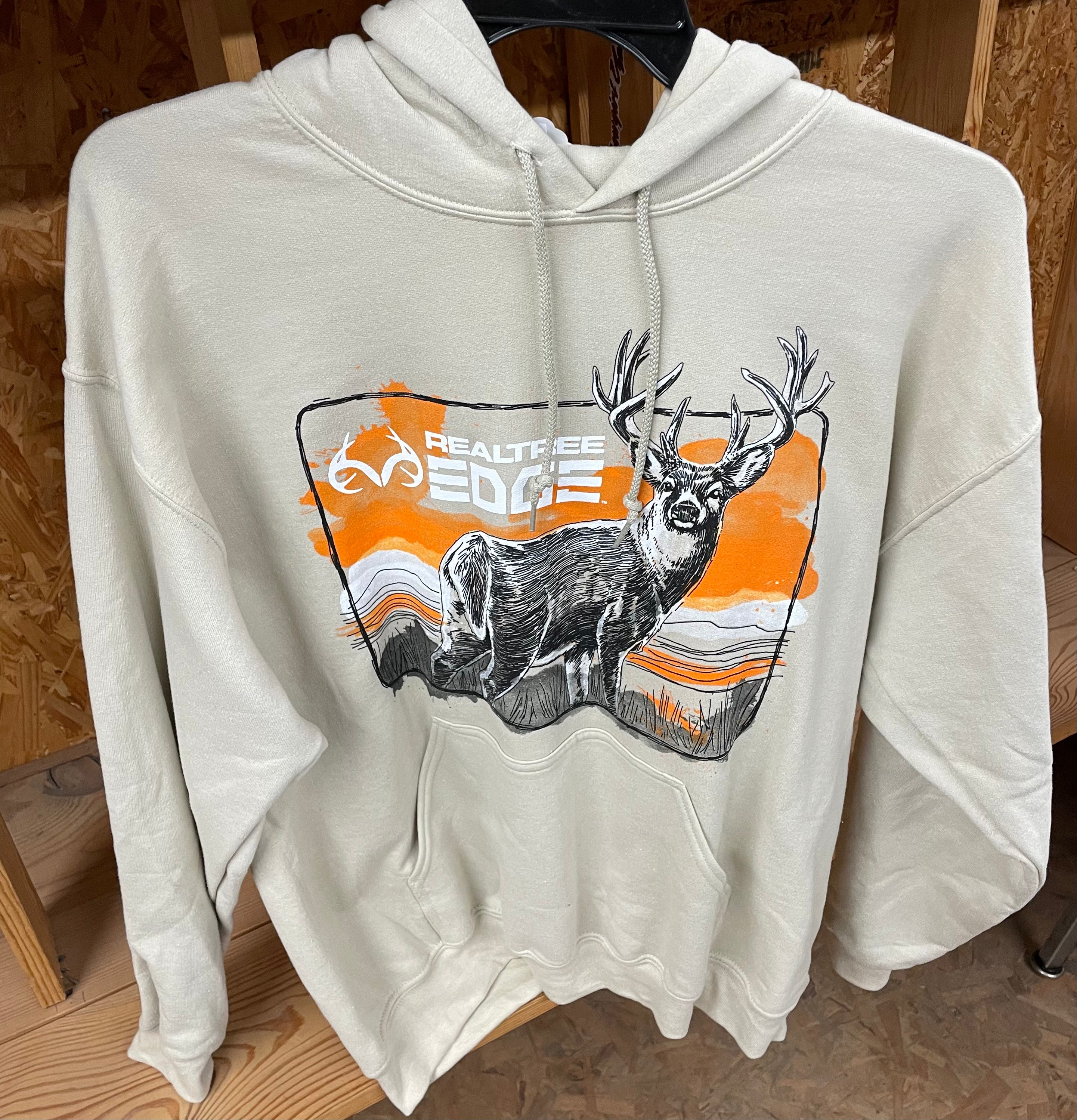 Khaki hoodie with a graphic print of a buck and the text Real Tree Camo Line of Sight. Front view.