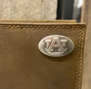 Zep-Pro Auburn University Brown “Crazy Horse” Leather Bi-fold Wallet. front view focusing on concho