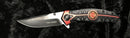 This stainless steel and black folding knife features a Fire Department logo. 