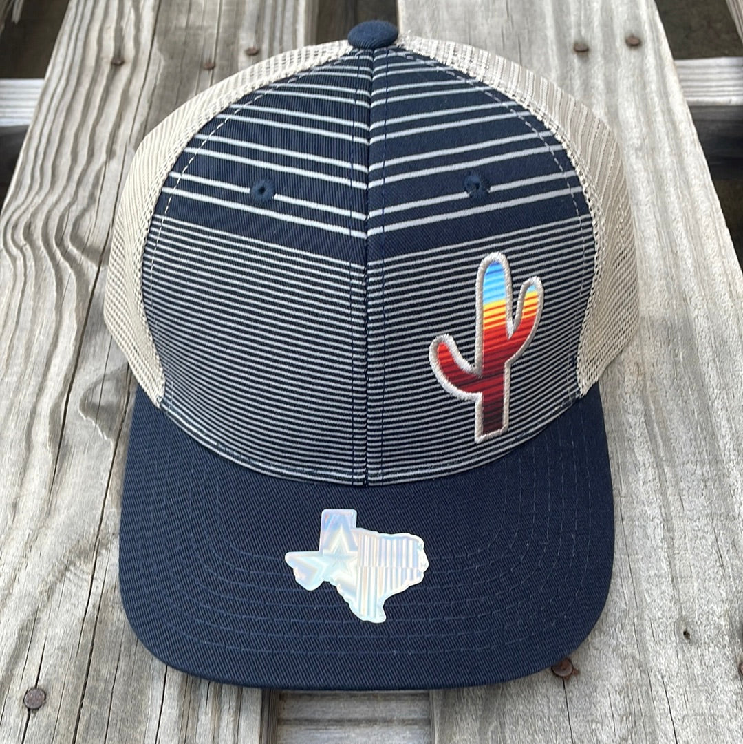 Navy and Grey trucker cap with a striped pattern featuring a cactus patch design on the front, solid Navy bill, White mesh back. Front View