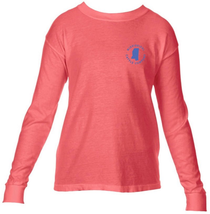 Youth YTHMSCATTLELS-3 Mississippi Cattle Company Neon Orange Long Sleeve Comfort Color T-Shirt