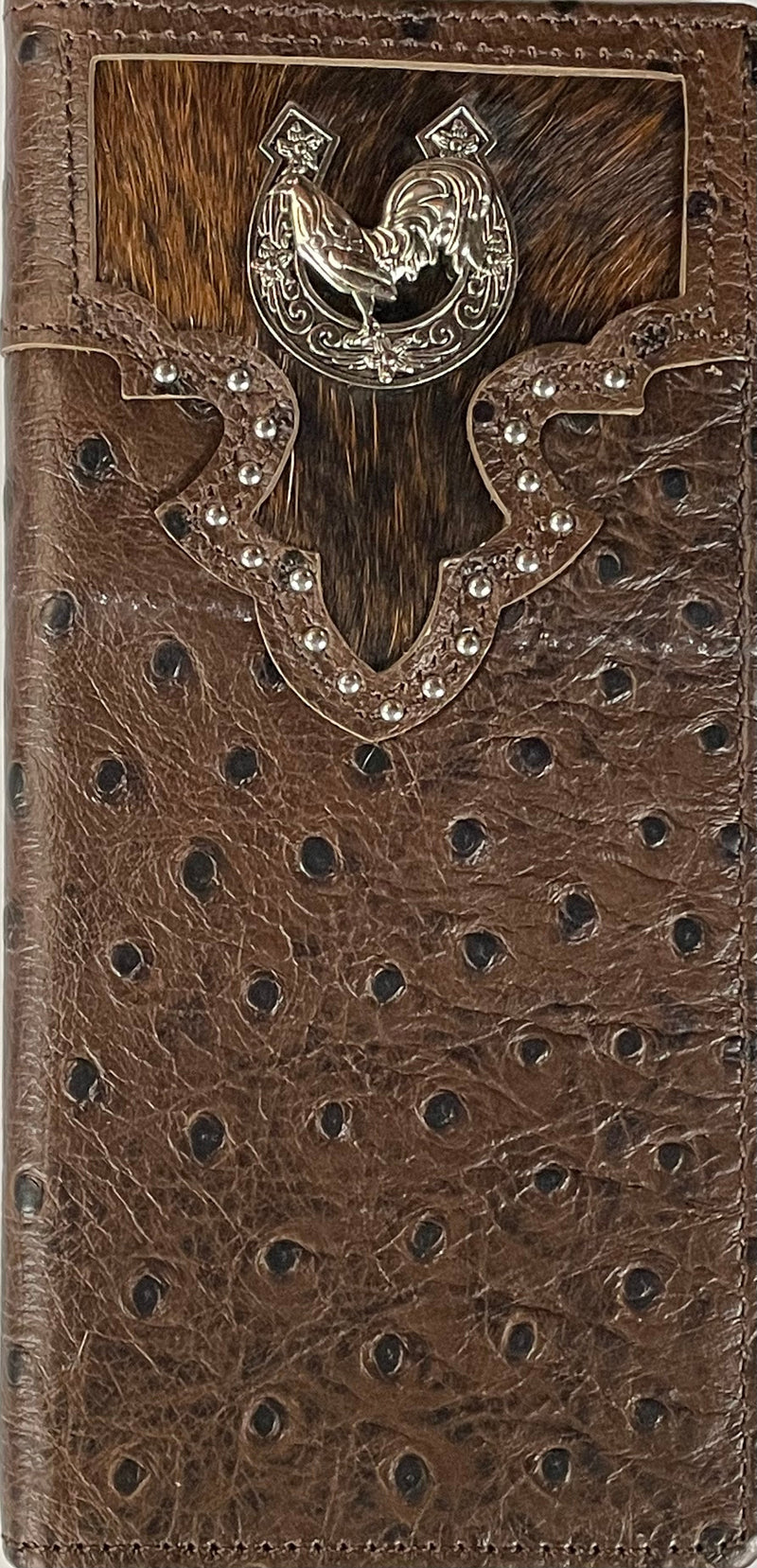 Top Notch Accessories 122CF Coffee Full Quill Ostrich Print With Rooster Concho Wallet