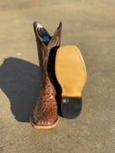 Men's Horse Power Top Hand Kango Tobacco Full Quill Ostrich square toe cowboy boots. These boots have a 13" chocolate shaft and a leather outsole. Bottom view showing leather outsole. 