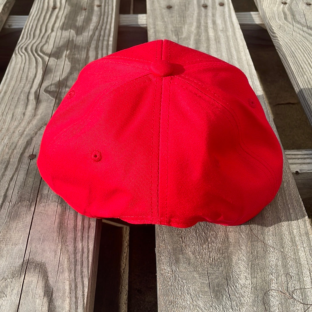 Red snapback cap with a longhorn patch on the front. Rear View 