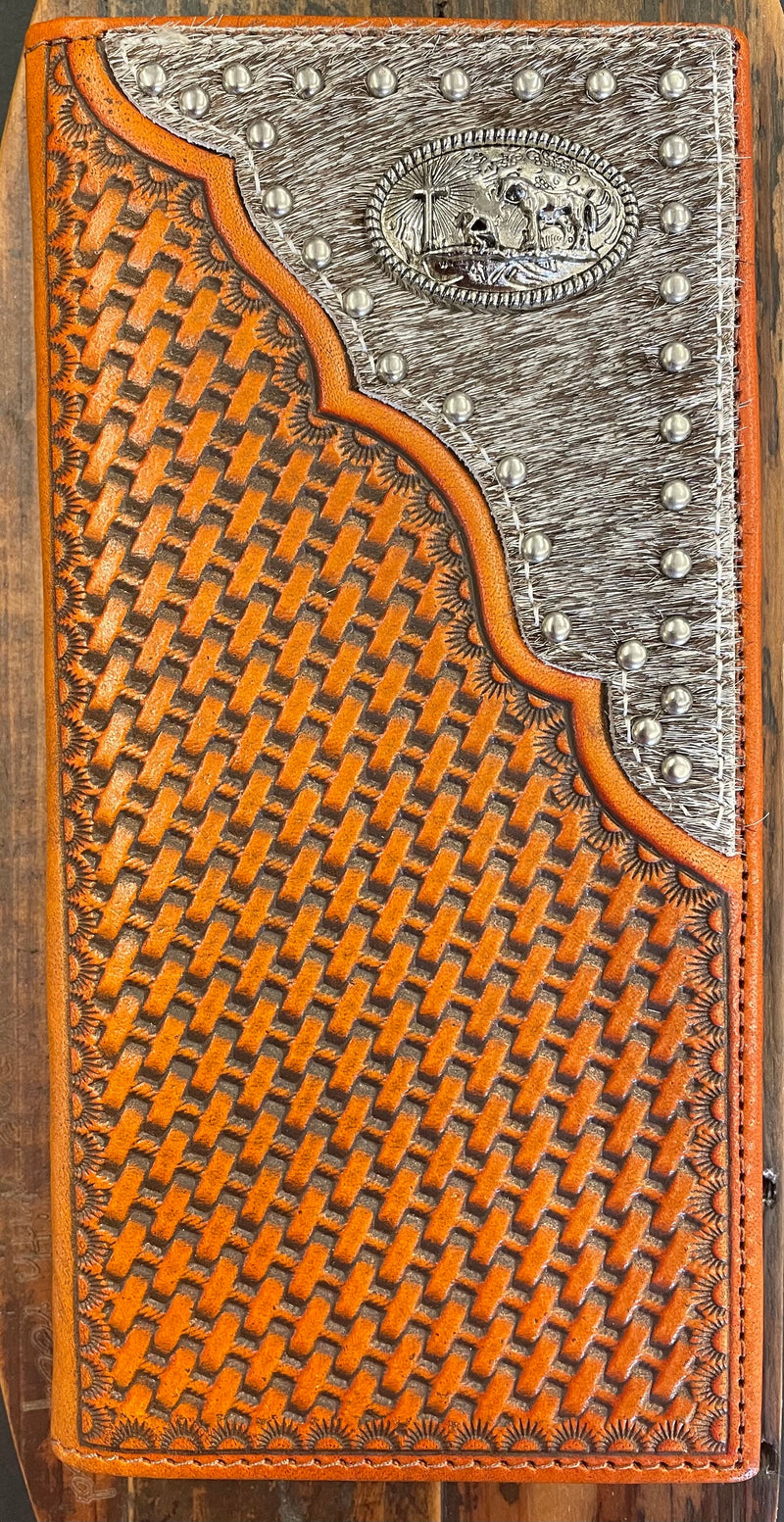 Top Notch Accessories HK502BR Brown Hairon/Basketweave w/Praying Cowboy Concho Wallet