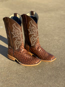 Men's Horse Power Top Hand Kango Tobacco Full Quill Ostrich square toe cowboy boots. These boots have a 13" chocolate shaft and a leather outsole. 