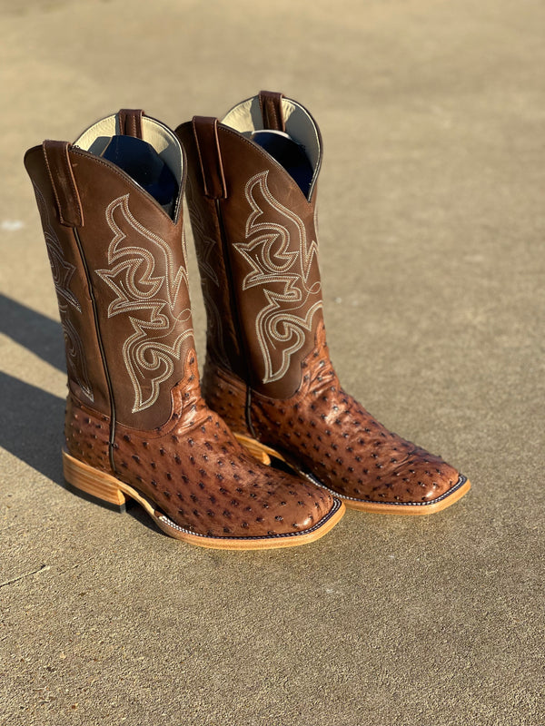 Men's Horse Power Top Hand HP8001 13" Kango Tobacco Full Quill Ostrich with Chocolate Pull Up Top Square Toe Boot