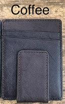A brown full grain leather money clip from Top Notch Accessories, featuring six card slots. 