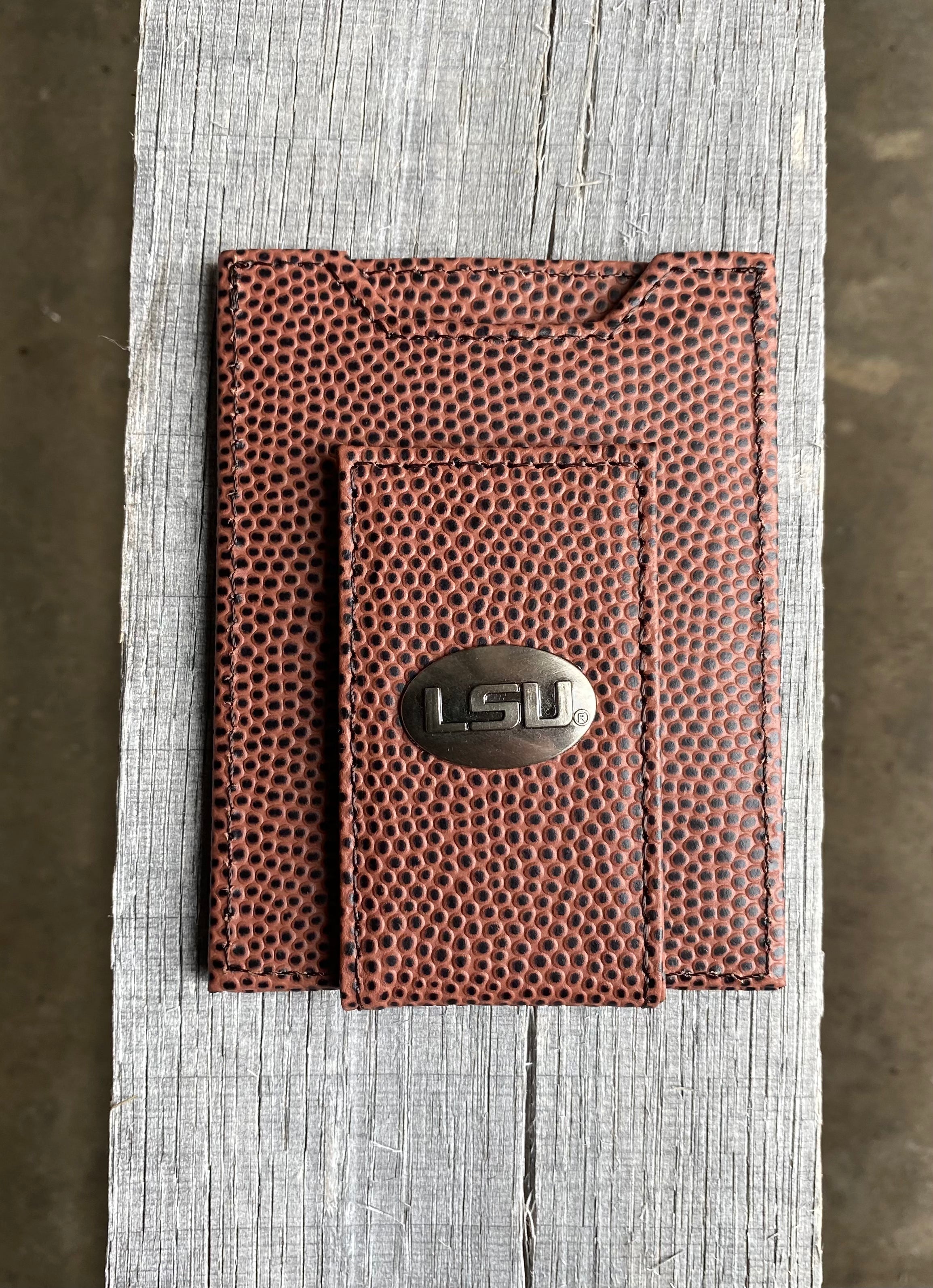 Zep Pro LSU Brown Football Leather Front Pocket Wallet with brass LSU logo oval concho on bill closure tab. Front view.