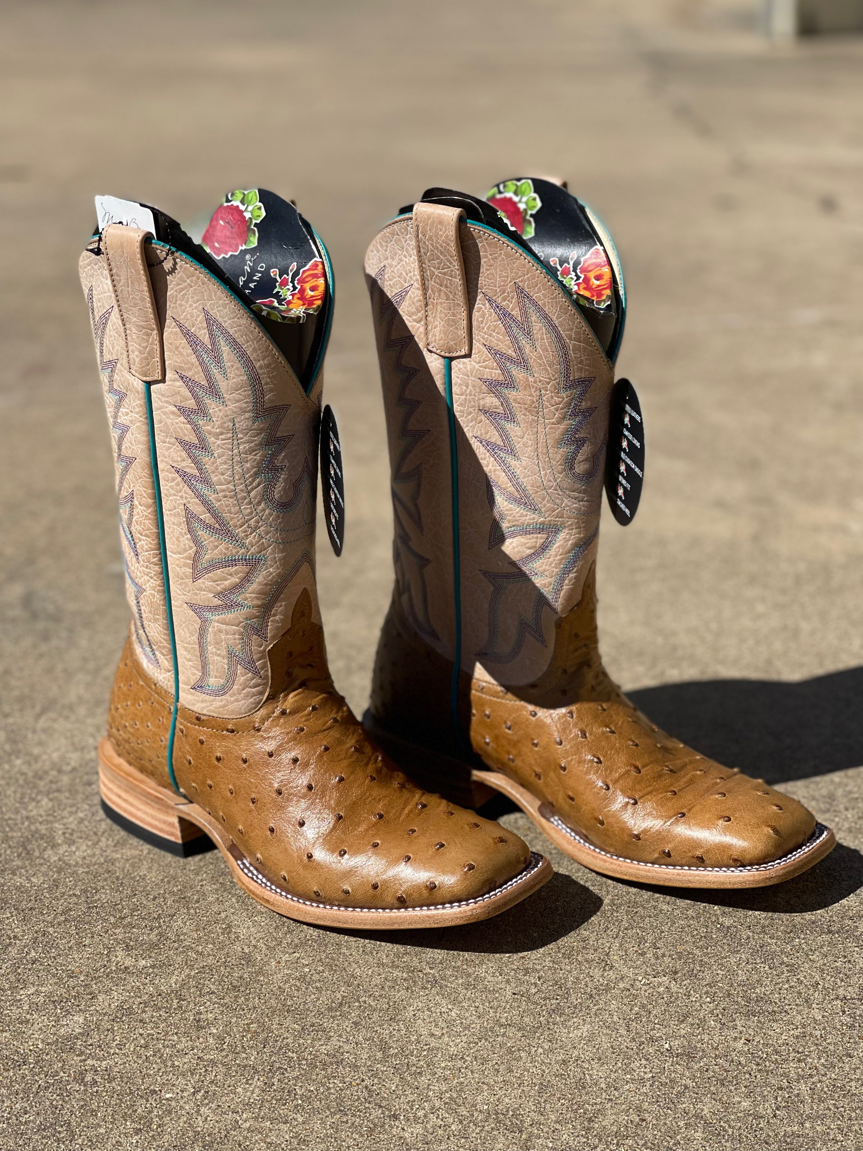 Women's Macie Bean Top Hand 12 inch Antique Saddle Full Quill Ostrich Square Toe Boot