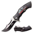 Spring Assisted Open, Finger Flipper, Liner Lock, Black Oxidized and Satin Finish Stainless Steel Blade, Injection Molded ABS Handle with Embossed Patriotic Skull Design and Pocket Clip. Front view with back view of clip