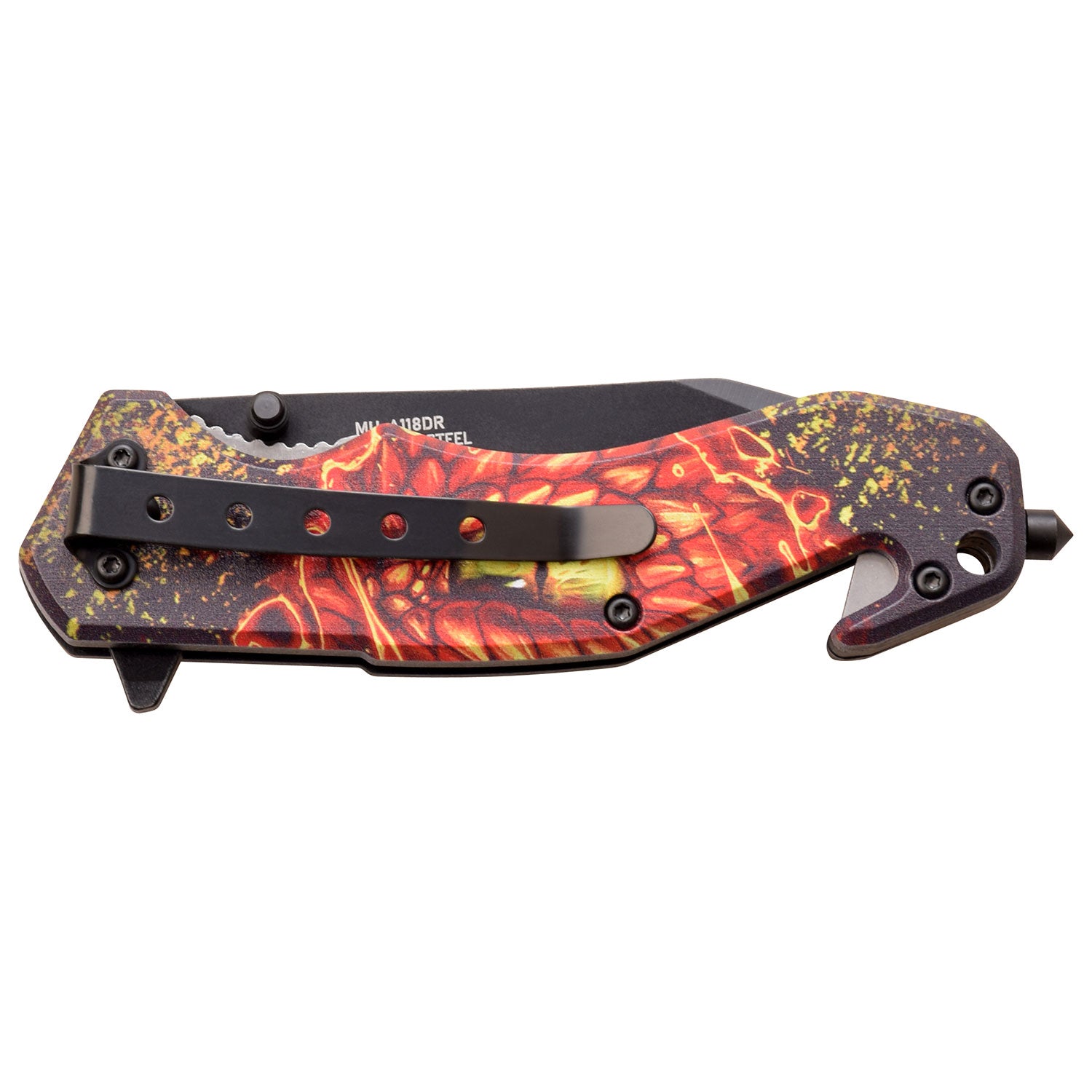 Features Cutter, Glass Breaker, Pocket Clip back view