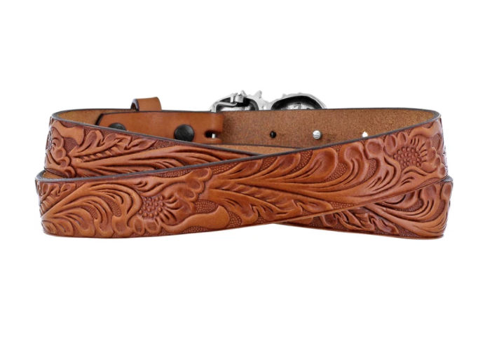 Children's tan Western style tooled leather belt with a silver-plated buckle featuring two horses nuzzling noses to form a heart shape.  Rear View