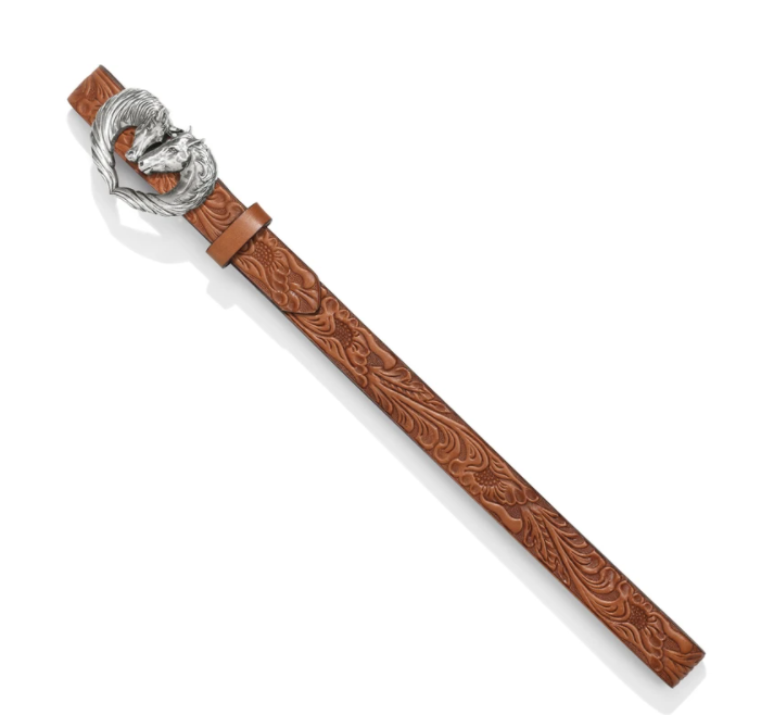 Children's tan Western style tooled leather belt with a silver-plated buckle featuring two horses nuzzling noses to form a heart shape. 