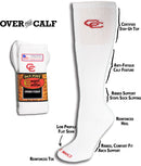 Women's Dan Post white over-the-calf boot socks features such as moisture wicking, anti-microbial, temperature regulating, and reinforced toe and heel. 