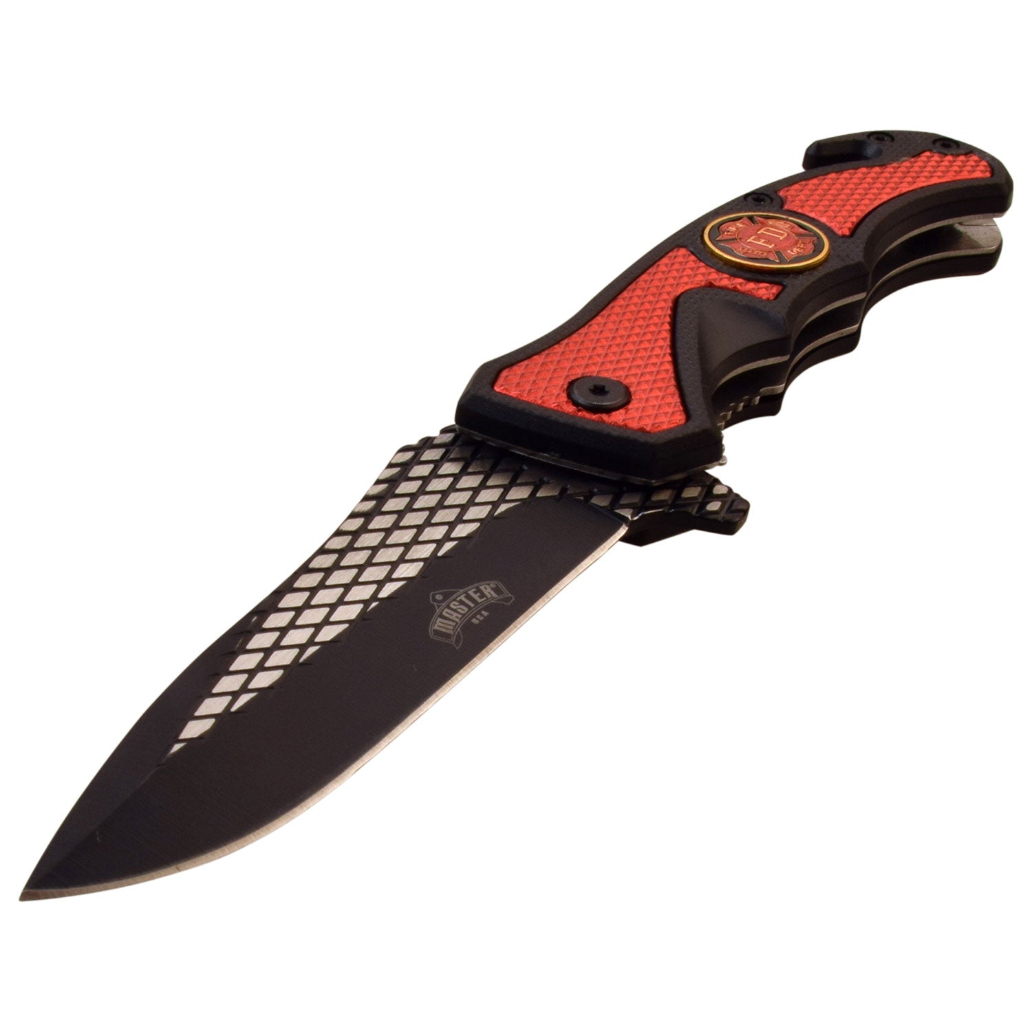 Red and Black knife with Fire Department Medallion. Open view showing blade details. 