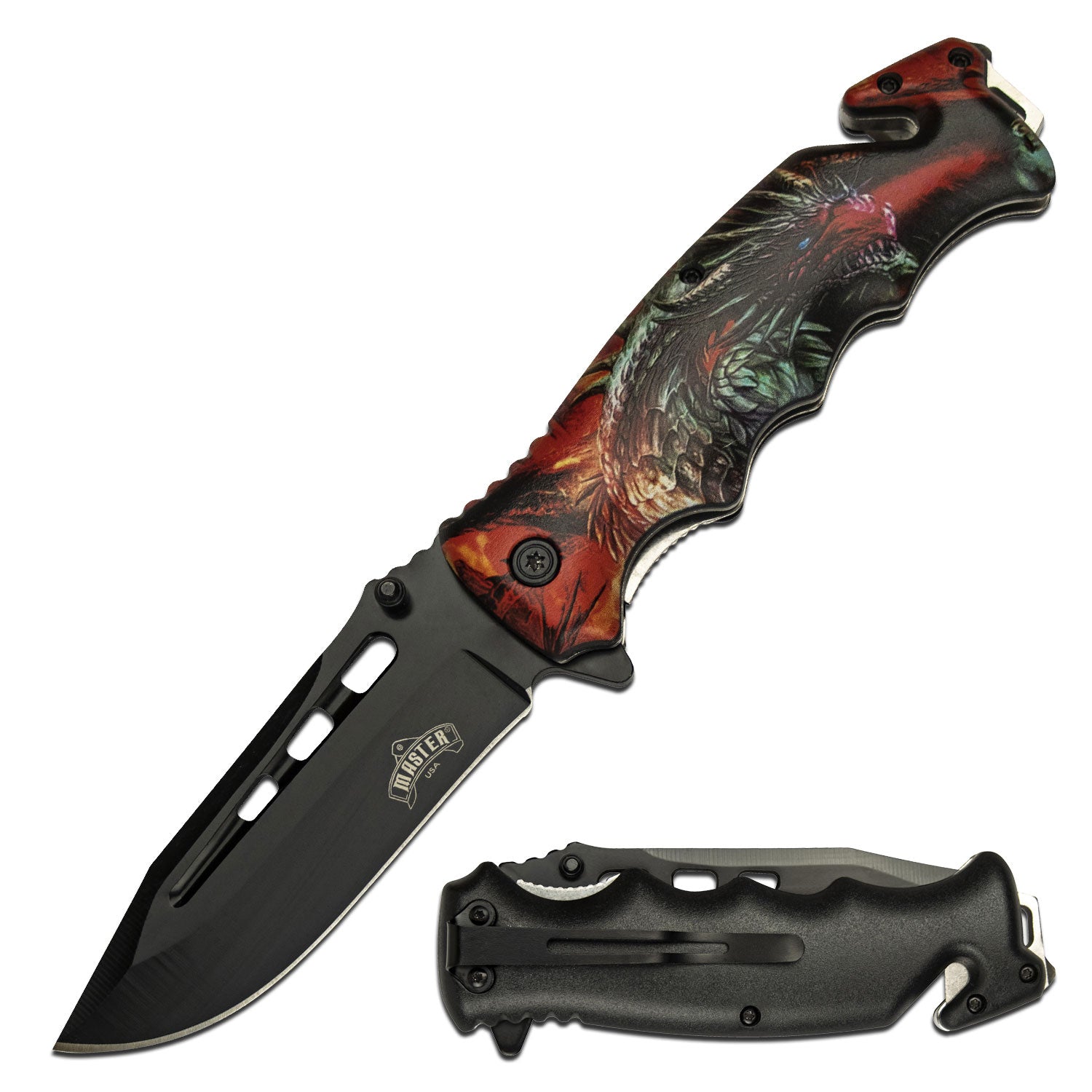 This spring assisted knife has a Black blade and a Dragon design. 