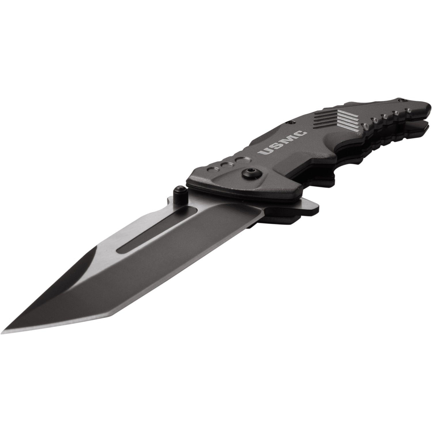 This Grey knife features a USMC logo. Shown open