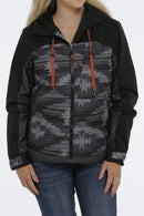 Women's Cinch ski jacket in Black and a Grey geometric print and Heather Red hood pull strings. Front view showing jacket zipped closed. 