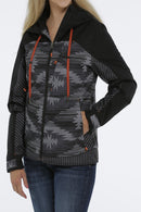 Women's Cinch ski jacket in Black and a Grey geometric print and Heather Red hood pull strings. Front view showing jacket zipped close on model. 