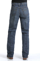 A pair of men's Cinch White Label dark stonewash jeans with a relaxed fit, mid-rise waist, and straight leg. Back view shows back pocket detail.