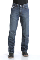 Front view of Men's Cinch White Label jeans showing front pockets and zipper details.