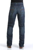 Men's Silver Label Dark Stone Wash jeans back view showing detail of back pockets, belt loop placement, slim fit on seat and leg, straight leg on boots.