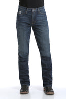 Men's Silver Label Dark Stone Wash jeans front view showing detail of front pockets and zipper. Also shows slim fit and straight leg on boots.