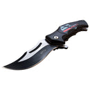 Spring Assisted Open, Finger Flipper, Liner Lock, Black Oxidized and Satin Finish Stainless Steel Blade, Injection Molded ABS Handle with Embossed Patriotic Skull Design and Pocket Clip. Blade view