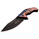 This knife features a American Flag background with a Punisher. Shown open