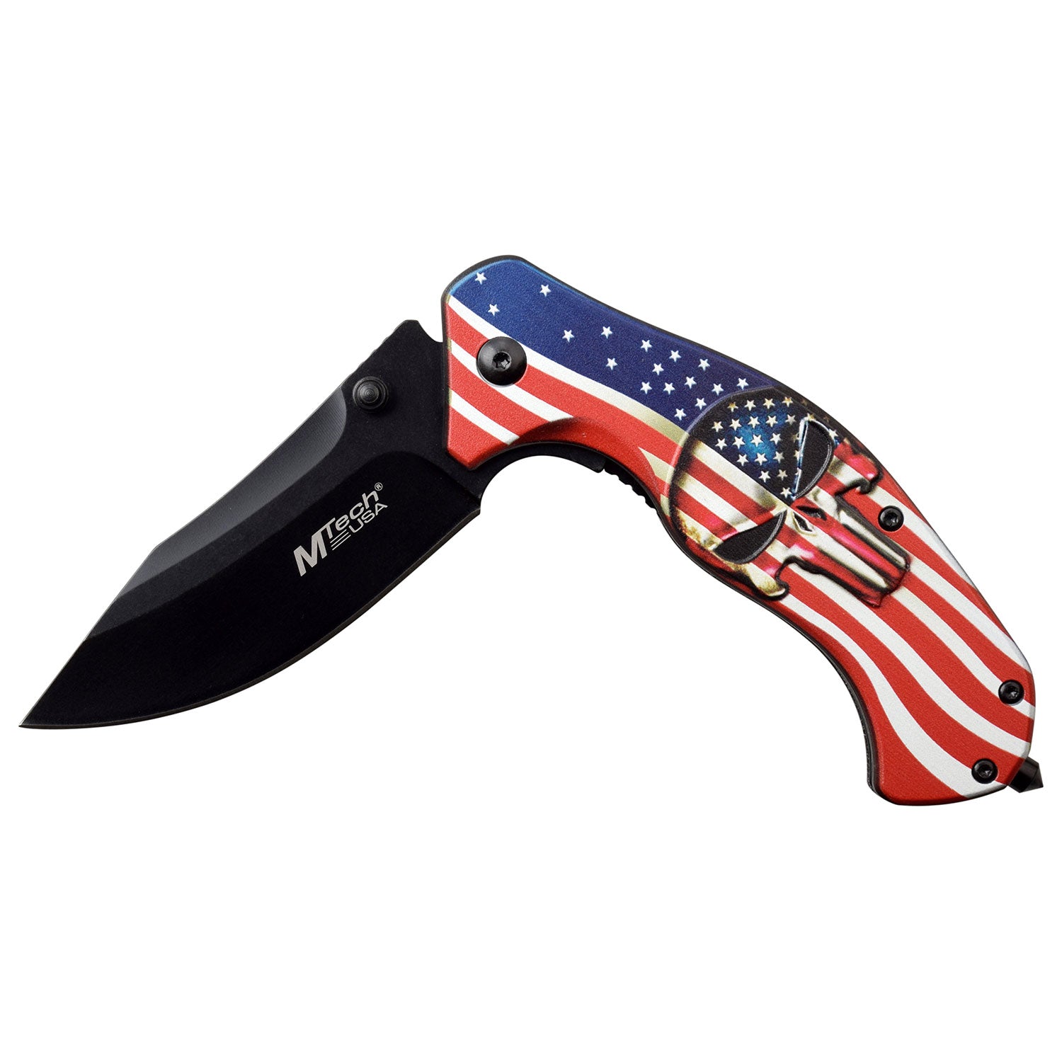 This knife features a American Flag background with a Punisher. Displaying how it closes. 