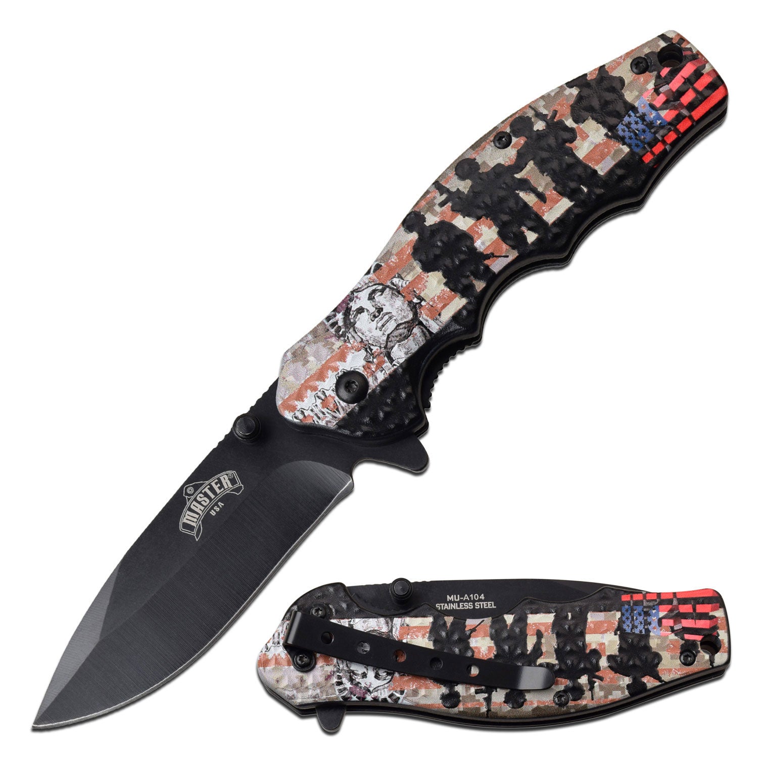 This knife features a Patriotic scene showing the Statue of Liberty, soldiers, and USA. 