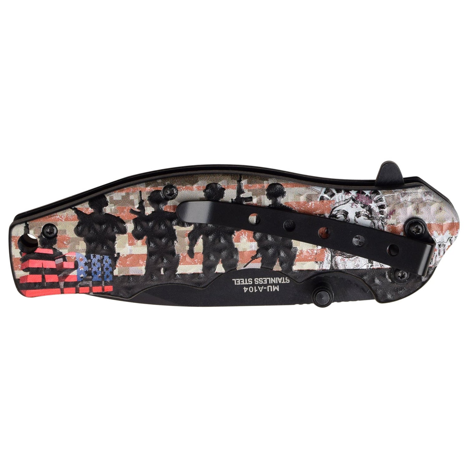 This knife features a Patriotic scene showing the Statue of Liberty, soldiers, and USA. Shown closed