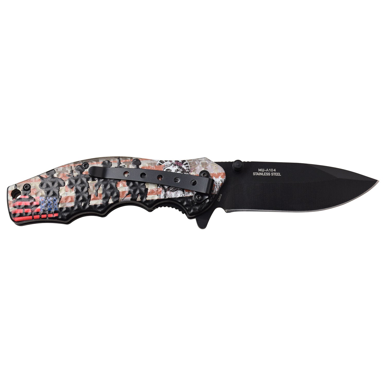 This knife features a Patriotic scene showing the Statue of Liberty, soldiers, and USA. Shown Open