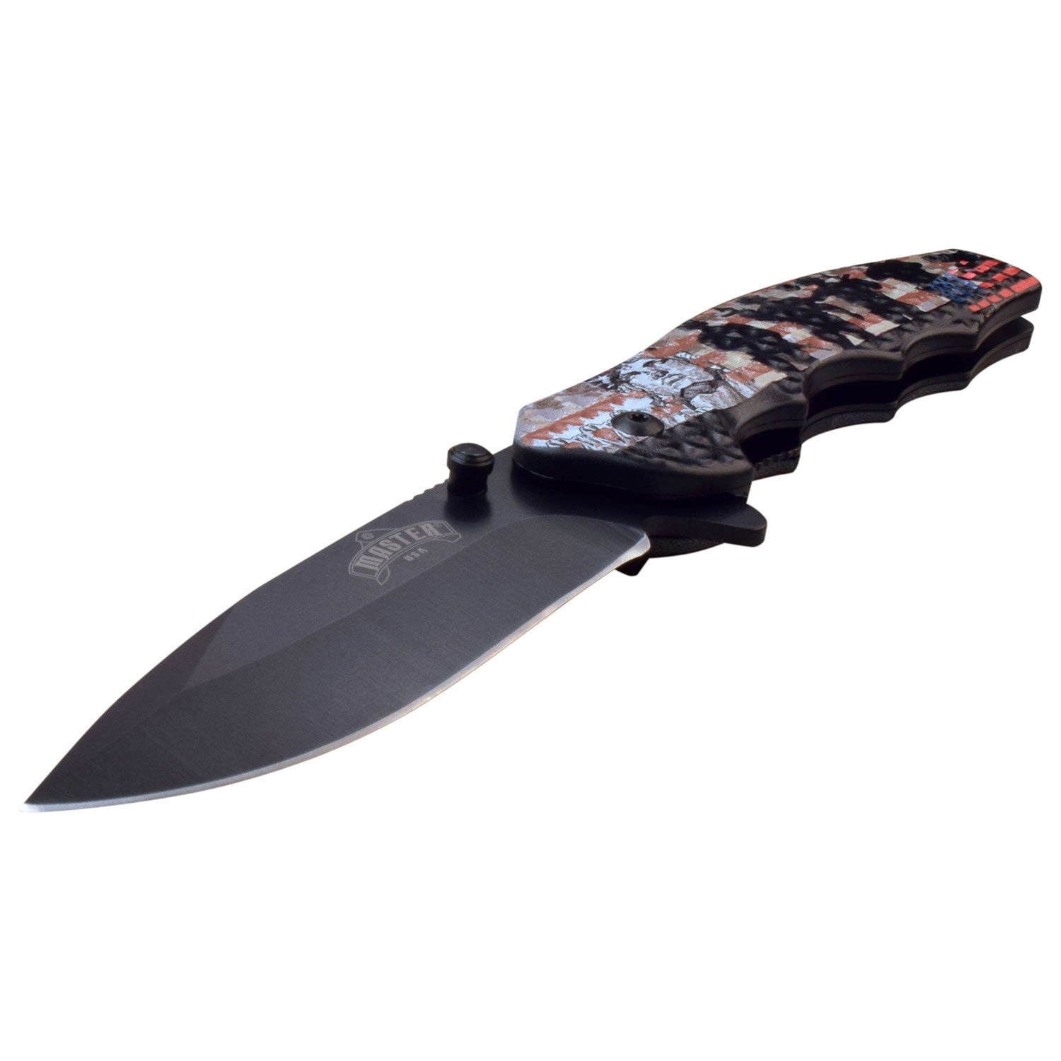 This knife features a Patriotic scene showing the Statue of Liberty, soldiers, and USA. Shown Open
