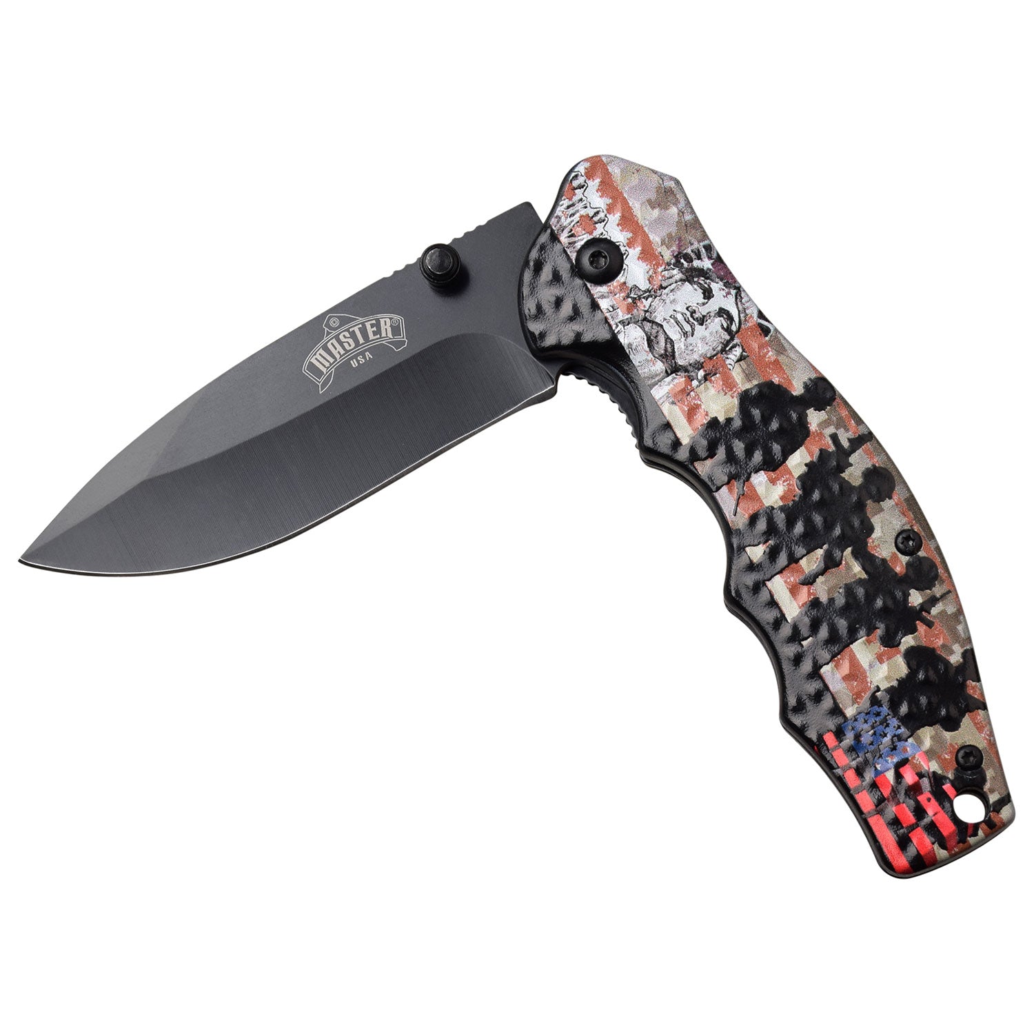 This knife features a Patriotic scene showing the Statue of Liberty, soldiers, and USA. Shown opening