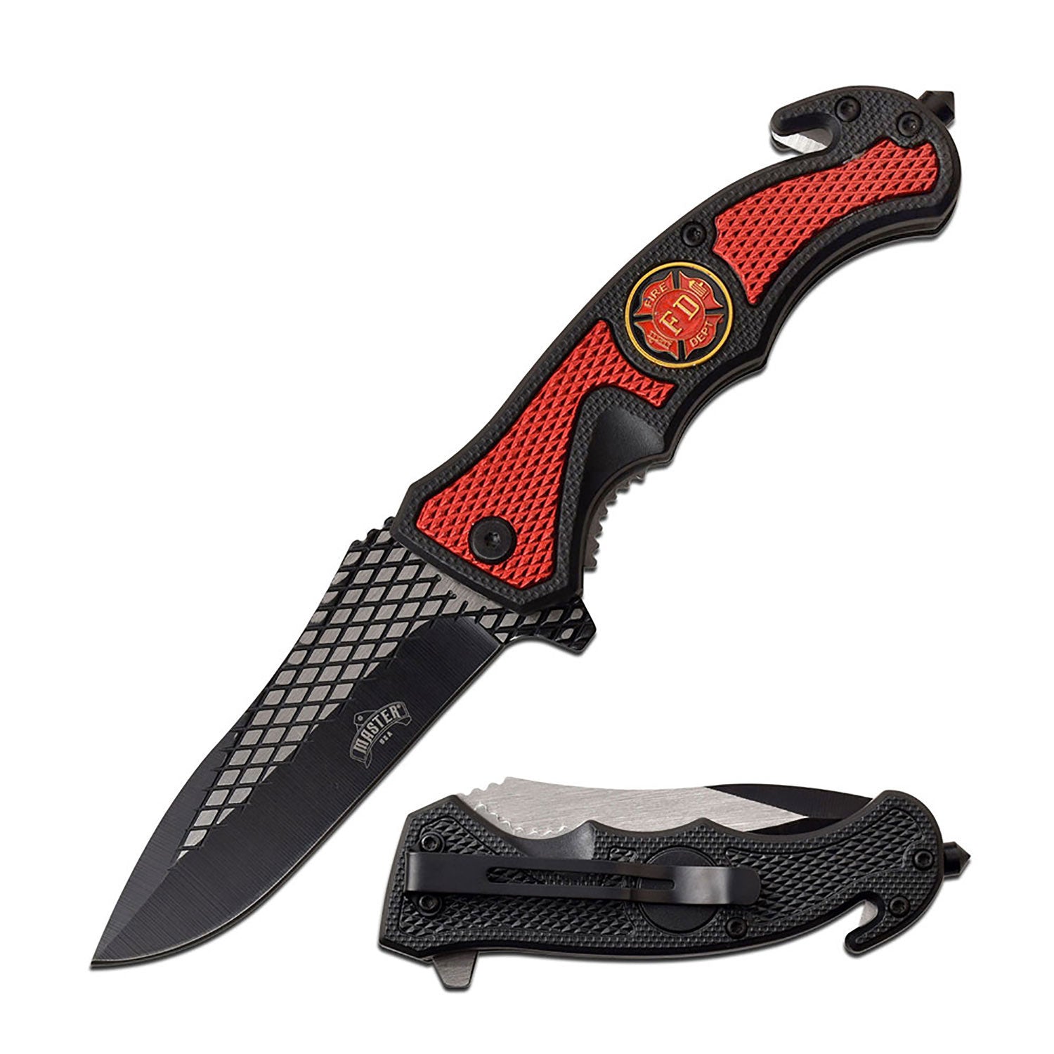 Red and Black knife with Fire Department Medallion. 