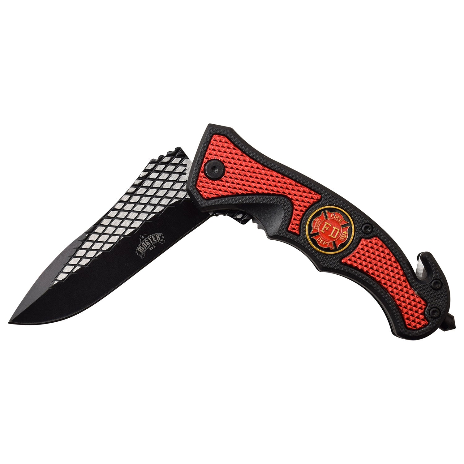 Red and Black knife with Fire Department Medallion. Open view