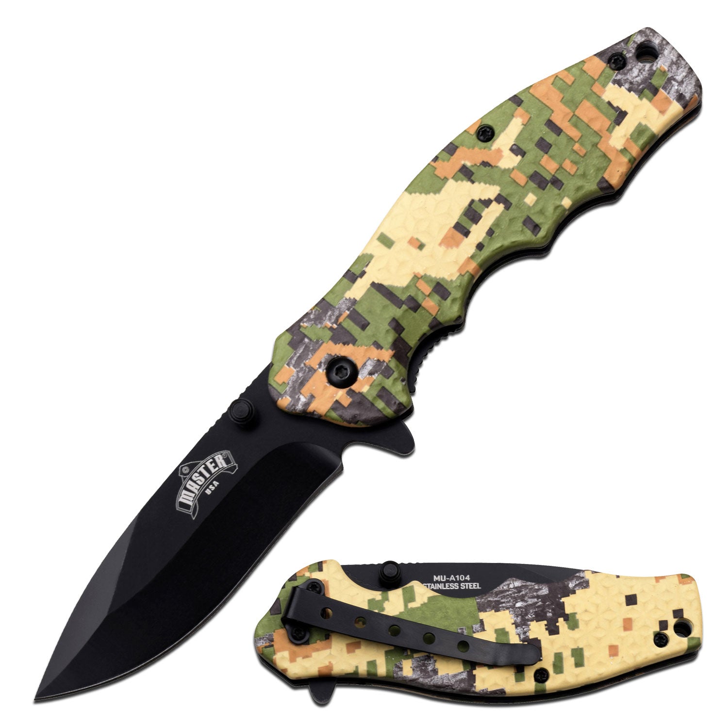 This spring assisted Camo knife has a pocket clip. Shown open and closed
