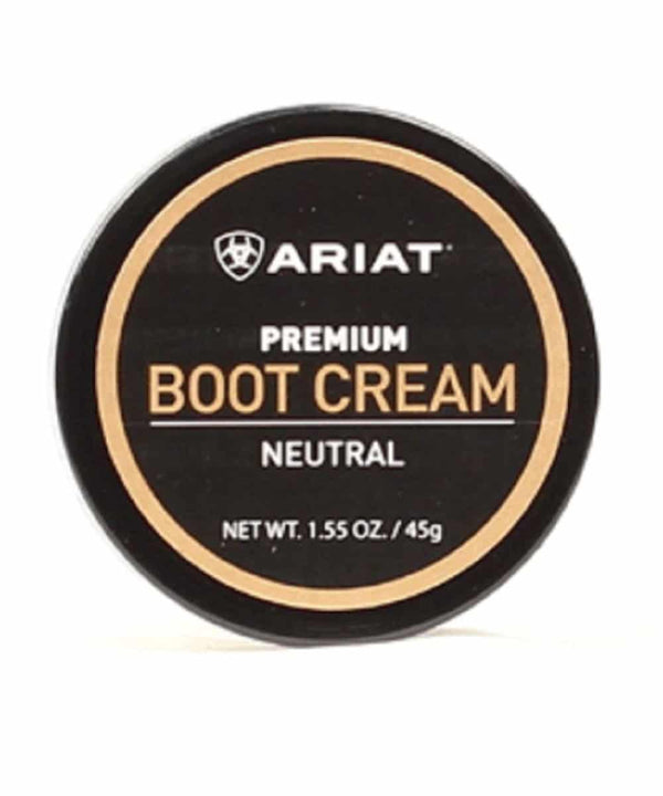 A container of Ariat premium neutral boot cream. Front view.