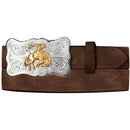 Children's brown  leather embossed cowhide belt with a fancy silver Western style buckle featuring a bronze bucking bronco. Front View