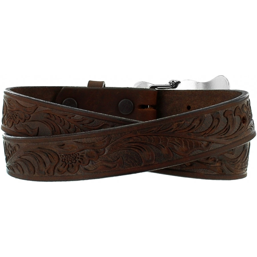 Children's brown  leather embossed cowhide belt with a fancy silver Western style buckle featuring a bronze bucking bronco. Rear View