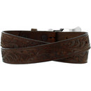 Children's brown  leather embossed cowhide belt with a fancy silver Western style buckle featuring a bronze bucking bronco. Rear View