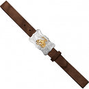 Children's brown  leather embossed cowhide belt with a fancy silver Western style buckle featuring a bronze bucking bronco. Aerial view laid flat