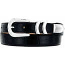 A black leather belt with a silver-plated buckle, featuring a textured pattern and a tapered design. Front View