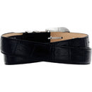 A black leather belt with a silver-plated buckle, featuring a textured pattern and a tapered design. Rear View