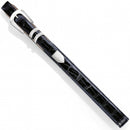 A black leather belt with a silver-plated buckle, featuring a textured pattern and a tapered design.