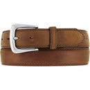 A Men's Justin brand bark brown leather belt with a silver-plated buckle. Front View