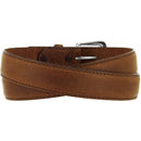 A Men's Justin brand bark brown leather belt with a silver-plated buckle. Rear View